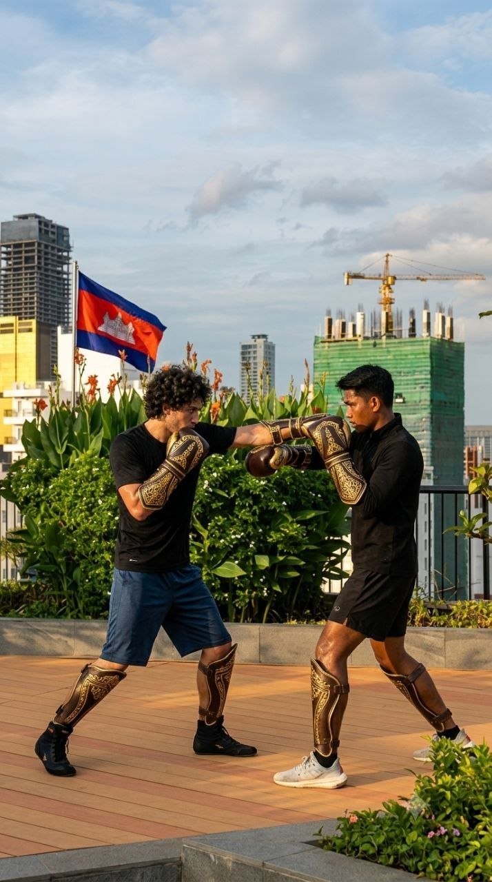 Sparring on a Phnom Penh rooftop at golden hour